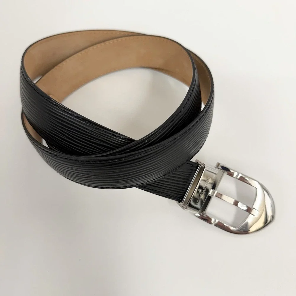 Louis Vuitton Epi Leather Belt Black Silver Tone Metal Buckle Size 90 36